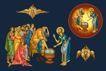 Fototapeta premium Maundy (foot washing). Illustration - fresco set in Byzantine style