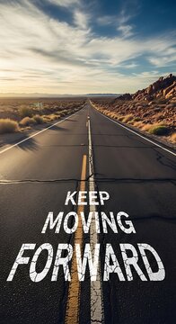 Keep Moving Forward Motivational Quote on Desert Road at Sunset.