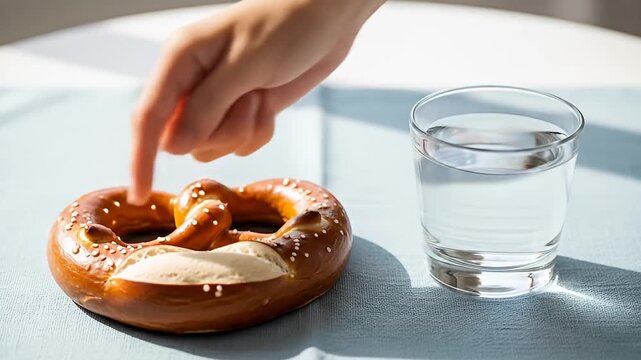A hand reaches for a pretzel next to a glass of water on a textured cloth
