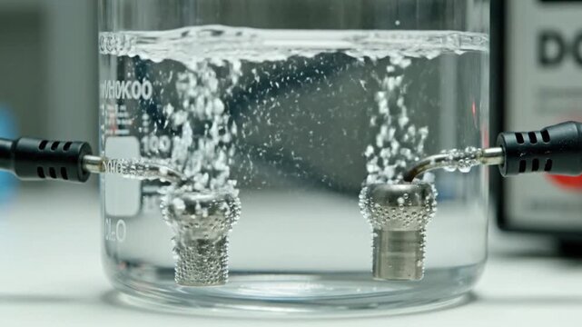 Closeup Of Electrolysis Process Showing Active Bubbling And Gas Production. Scientific Illustration Of Electrochemical Reactions Producing Gas Bubbles Within Transparent Laboratory Beaker