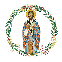 Fototapeta premium Saint Sava Serbian. Decorative vintage floral wreath, illustration in Byzantine style isolated