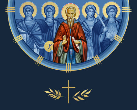 Saint Petrit Korishes and four cardinal points (Archangel Gabriel, Uriel, Raphael and Michael). Illustration in Byzantine style isolated
