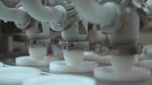 Automated ice cream filling process dispensing liquid mixture into molds on conveyor. Industrial production line with hygienic processing, precision dosing and modern ice cream factory workflow.