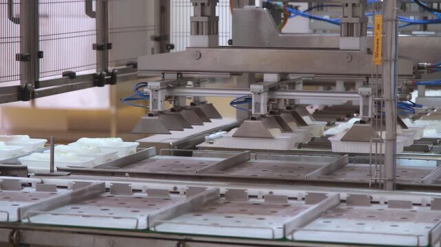 Automated machine placing and sealing ice cream portions on production line. Industrial system with robotic handling, conveyor workflow, hygienic processing and modern ice cream factory operation.