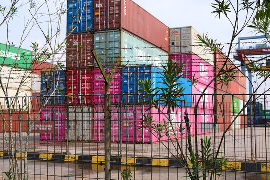 Cargo containers stacked at PT Pelabuhan Indonesia (Persero) Talang Duku Port, highlighting logistics and transportation infrastructure in Indonesia.