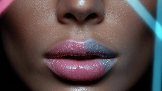 Sexy lips kissing in neon UV disco concept. Close up of female lips with soft natural makeup and colorful neon light reflections on smooth skin