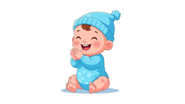 A happy baby wearing a blue hat and bodysuit claps their hands.