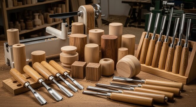 A diverse collection of woodturning chisels and newly shaped wood pieces on a workbench