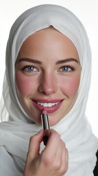 Close Up Portrait Beautiful Woman Applying Lipstick Studio Lighting White Background 4K Detail