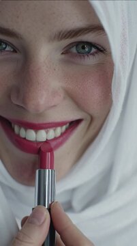 Close Up Portrait Beautiful Woman Applying Lipstick Studio Lighting White Background 4K Detail