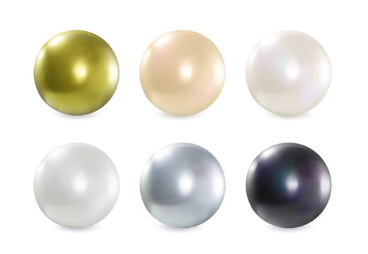 Multiple glossy pearls arranged in two rows, gold, peach, white, and pale tones. Vector illustration