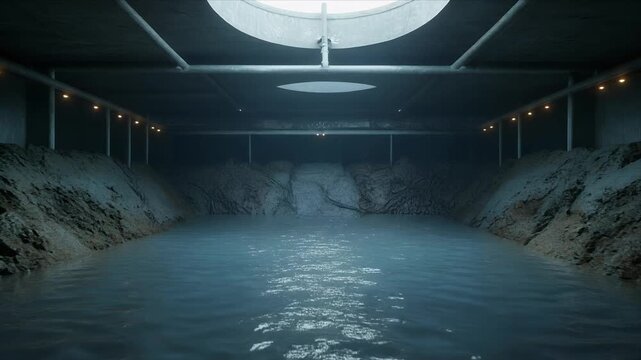 Underground cavern pool illuminated by circular skylight.