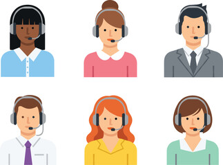 Fototapeta premium Customer Support Agents Set with Call Center Operators Wearing Headsets Help Desk Service Team Flat Vector Illustration Collection