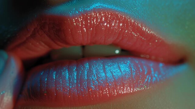 Sexy lips kissing in neon UV disco concept. Close up of sensual lips with glossy red lipstick and finger touching in soft colorful lighting