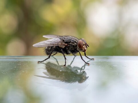 Macro close-up of a housefly on a reflective surface