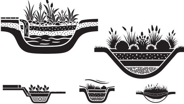 Set Of Rain Garden And Bioswale Cross Section Diagrams For Stormwater Drainage Design