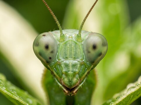 Extreme macro head shot of a green praying mantis