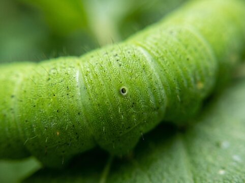 Macro Detail of a Bright Green Caterpillar on a Leaf