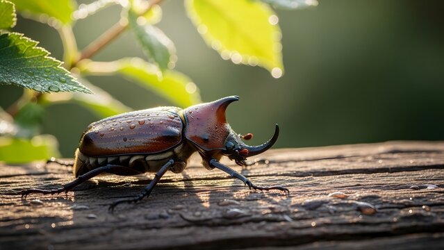 Rhinoceros Beetle with Large Horn on a Log at Sunset