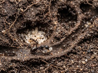 Fototapeta premium Macro Shot of Black Ants Tending Larvae in Underground Nest
