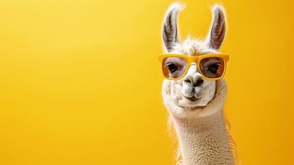 Fototapeta premium A llama wearing yellow sunglasses against a bright background – a fun backdrop for meme pages, summer collections or creative brands with a sense of humour.