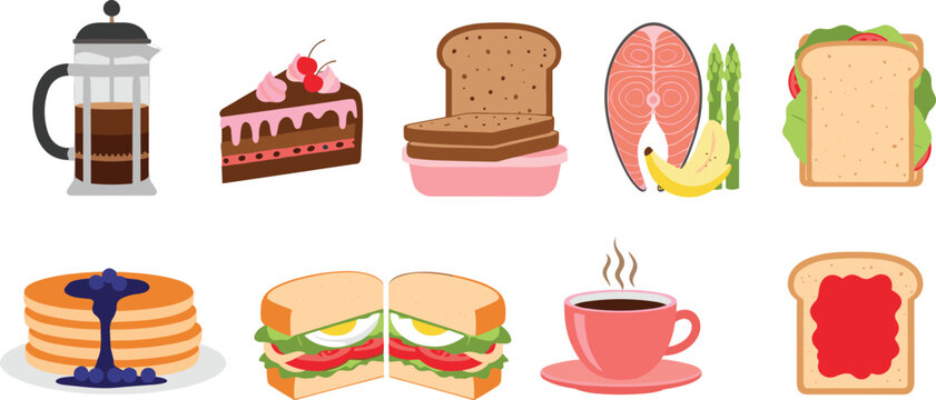Breakfast and Snack Food Set with Coffee Cake Sandwich Pancakes Salmon and Toast Flat Vector Illustration Collection