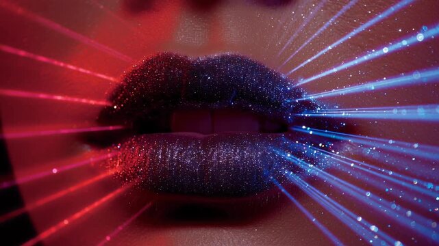 Closeup of glittering lips with colorful light rays and vibrant makeup artistic beauty concept