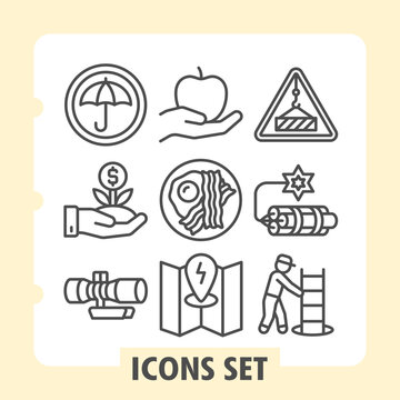 Set of nine line icons representing justice, growth, health, religion and safety concepts on white background. Ideal for web, digital projects and print media.