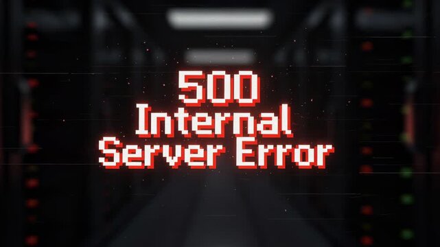 Digital glitch animation with red pixelated text flashes and internal server error effect for dynamic video backgrounds