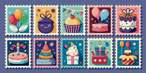 Obraz premium Whimsical birthday party stickers with stamp borders and colorful celebration icons for kids invitation