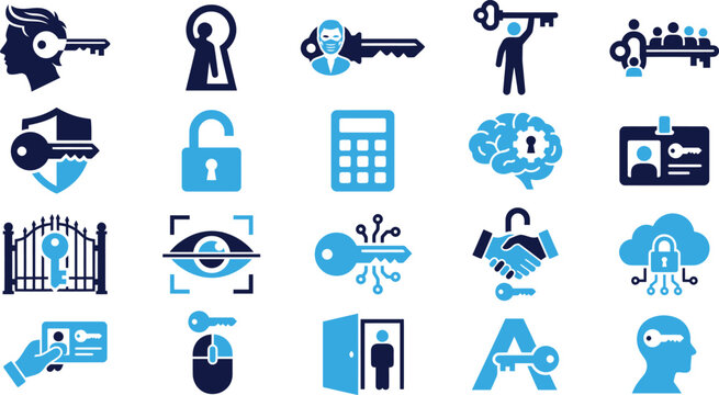 Security and access icons including keys, locks, brains, and ID cards.