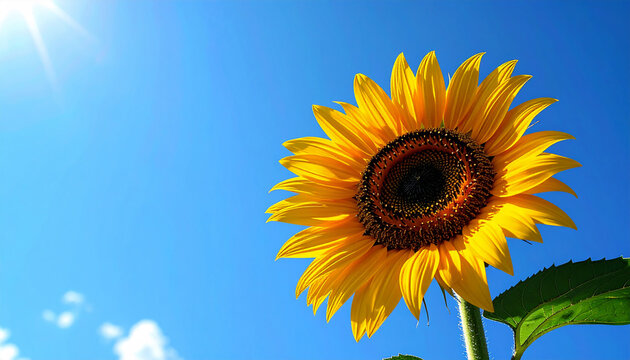 青空と太陽の光に映える満開のひまわり、夏の明るさと自然の美しさを表現したフラワーイメージ Sunflower in full bloom against a blue sky and sunlight, floral image expressing summer brightness and natural beauty