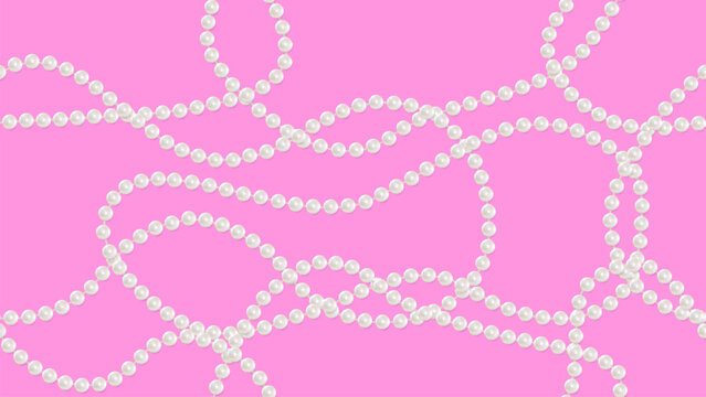 multiple white pearl bead garlands arranged diagonally on a bright pink background, an elegant jewelry display. Seamless pattern
