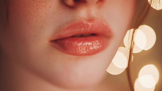 Close up of glossy lips with natural freckles and warm bokeh background for beauty and skincare concept