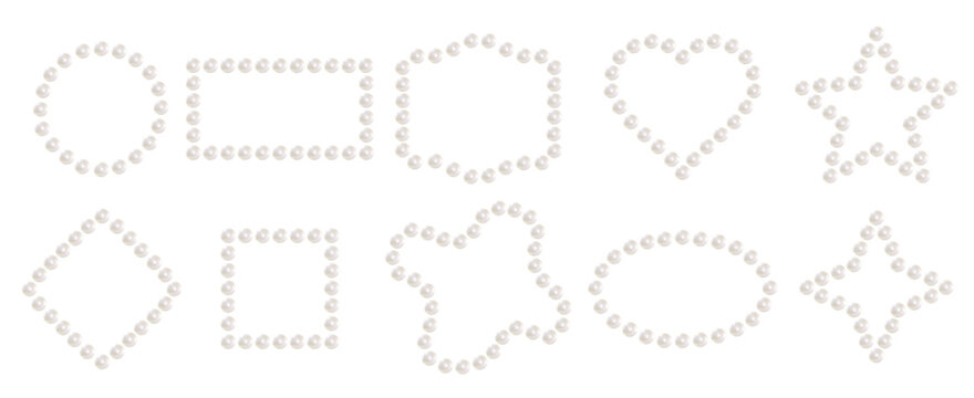 White pearl necklace. frames of various shapes made of pearls. heart, circle, square, diamond and other shapes on a white background. Vector illustration