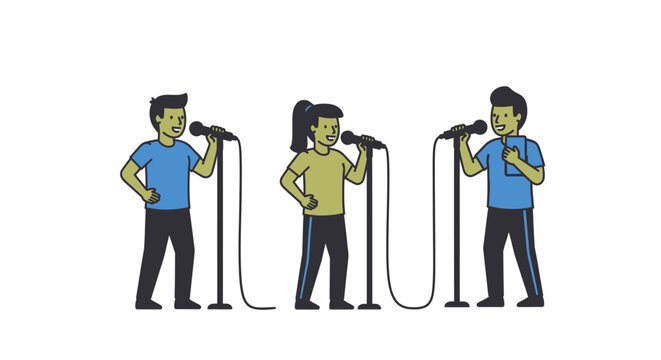 Three Cartoon Singers Performing with Microphones on Stage.