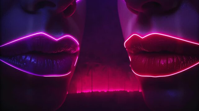 Close up of lips outlined with glowing neon lights in futuristic dark background with vibrant pink and purple colors