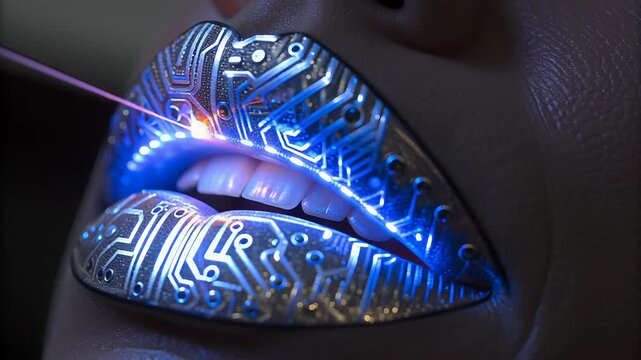 Futuristic lips with glowing blue circuit board design makeup closeup digital technology concept