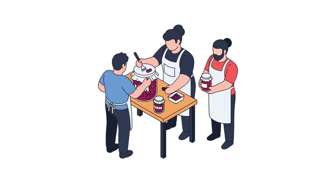 Three chefs preparing food at a wooden table in a kitchen setting.