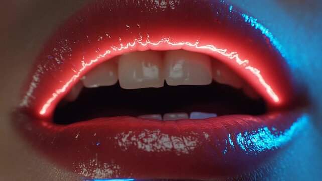Close up of glossy lips with neon red and blue light reflections in a dark setting
