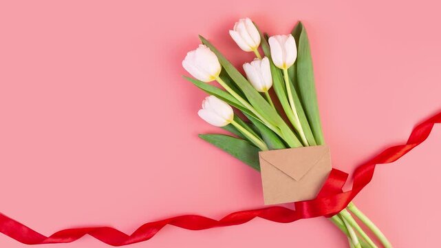Elegant white tulips with red ribbon and kraft envelope on pink background