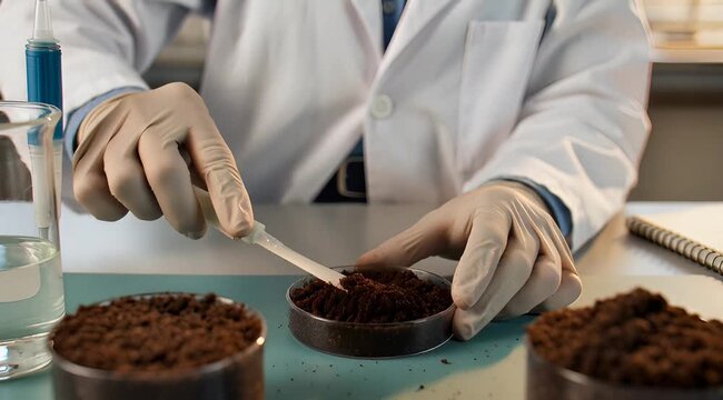 Scientist analyzing soil samples in laboratory setting