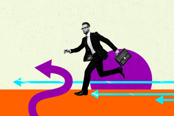 Image pop 3d zine full collage of happy businessman businesswoman stand arrow development career chance promotion employee