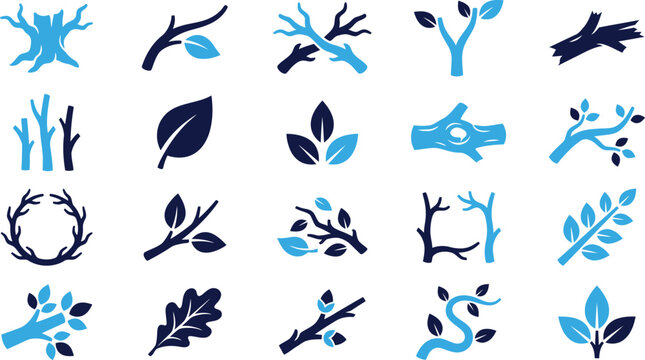 Set of stylized tree branches leaves and broken wood icons in blue and navy colors.