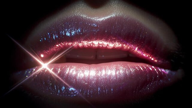 Close up of shiny glitter lips with sparkling light reflections and glossy makeup in dark background
