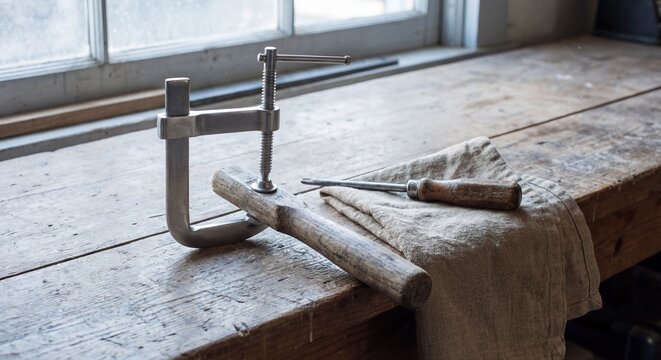 Metal clamp holding wooden handle on workbench