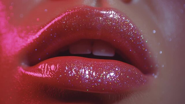 Close up of glossy lips with sparkling glitter makeup under soft colorful lighting