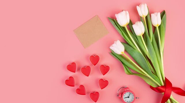 White tulips and red hearts arrangement with vintage alarm clock and envelope