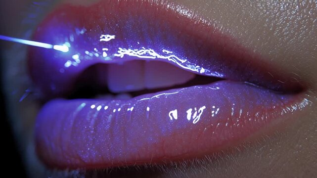 Close up of glossy lips with shiny purple lip gloss reflecting light for beauty and makeup