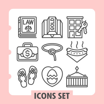 Set of nine line icons representing law, justice, finance and government concepts on white background. Ideal for web, digital projects and print media.